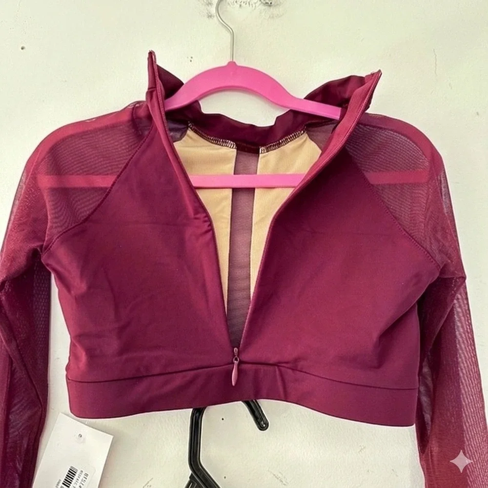 CM Baltogs Burgundy Mesh Long Sleeve Crop Top and High Waist Briefs Set